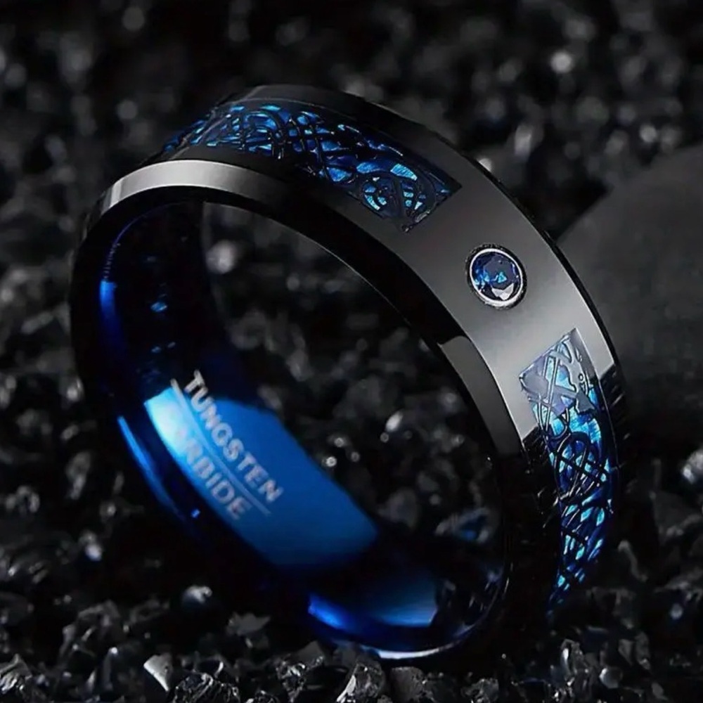 Tungsten Titanium Carbide 8 mm Blue Black Dragon with Blue CZ Gem Ring Band - Picture 3 of 13